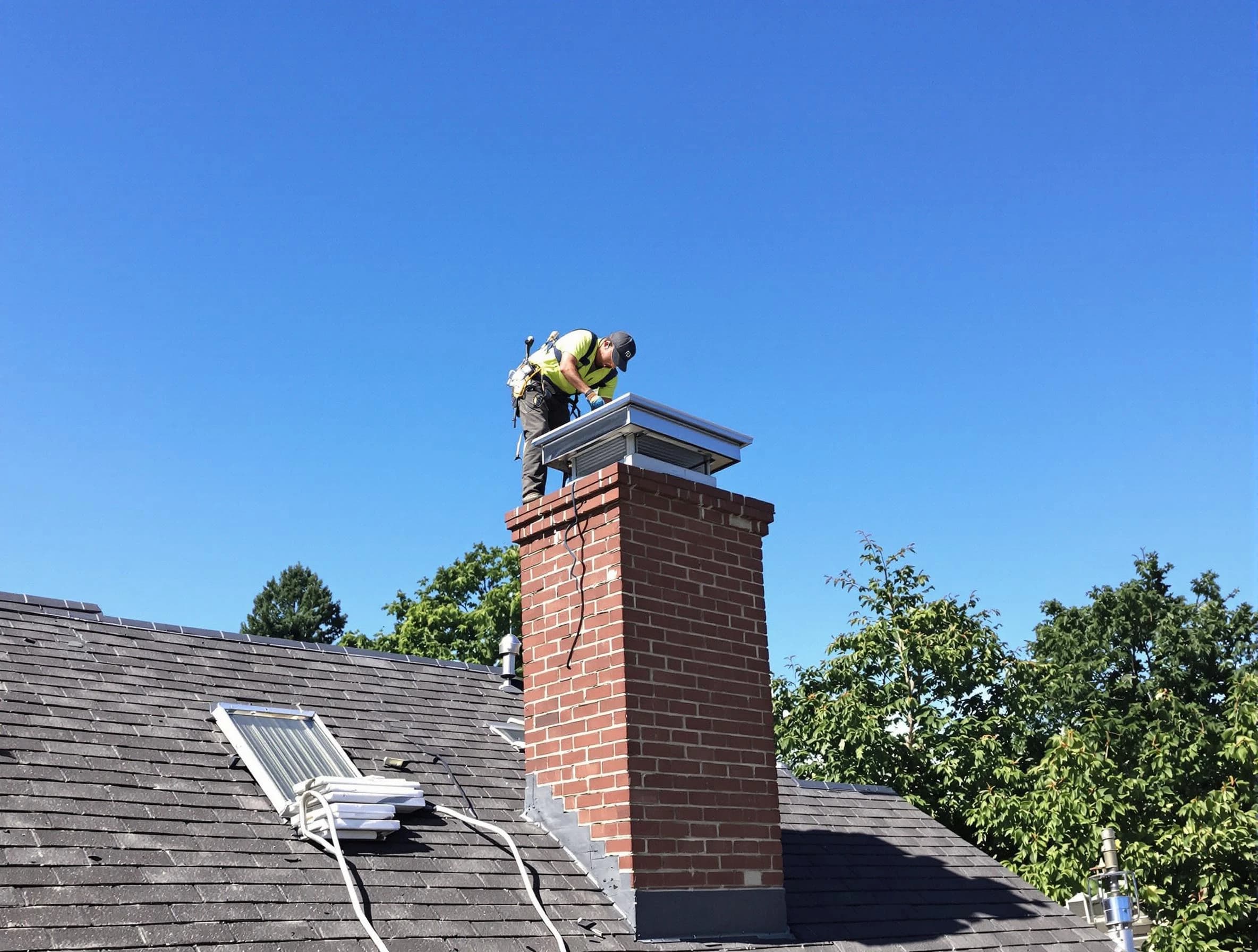 Quincy Chimney Sweep technician measuring a chimney cap in Quincy, MA