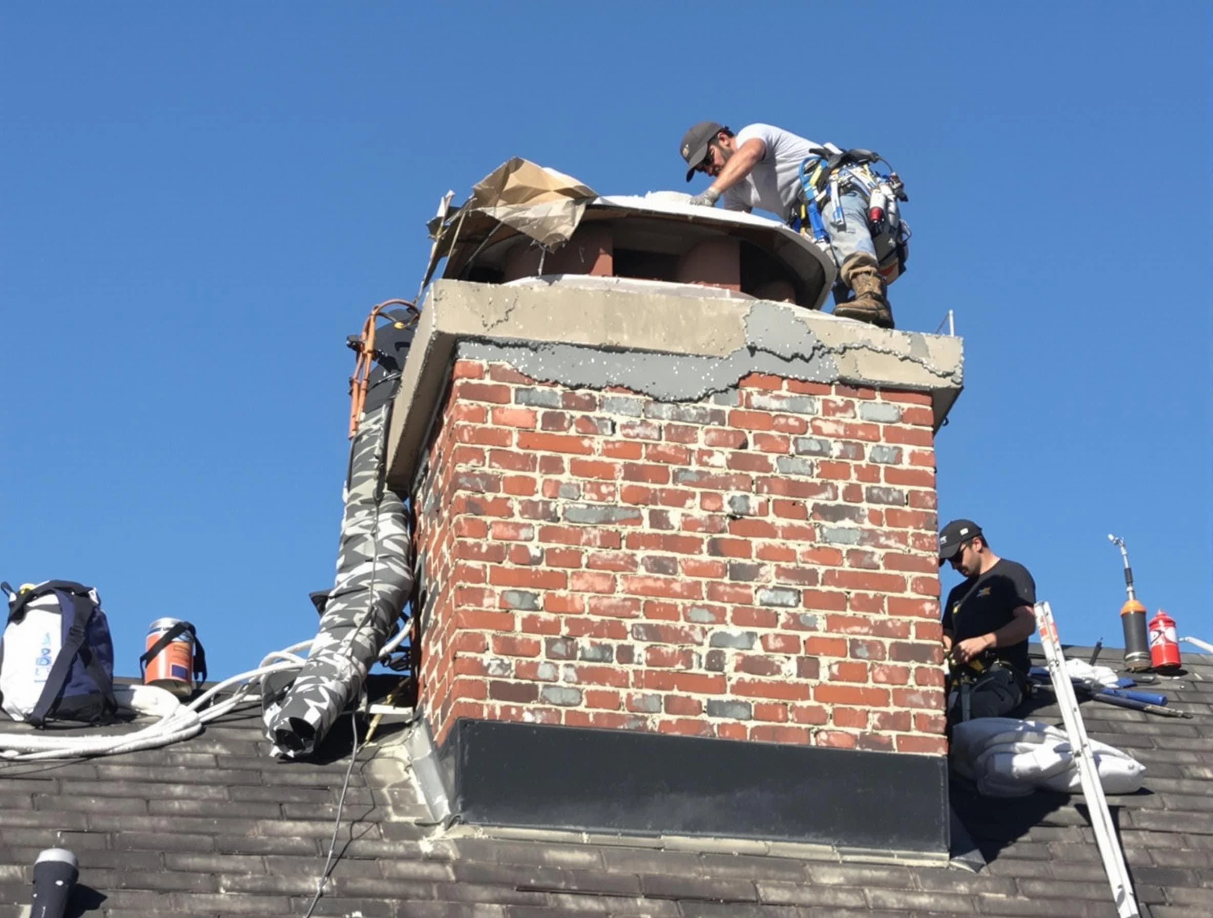 Quincy Chimney Sweep installing a custom chimney crown in Quincy, MA