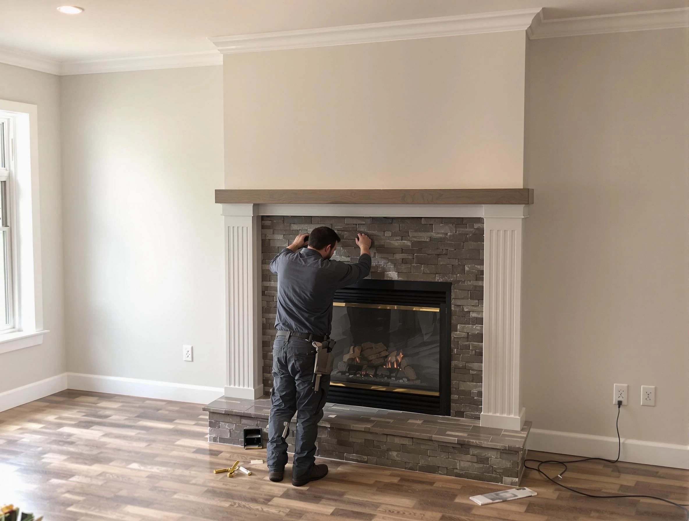 Quincy Chimney Sweep finishing a custom fireplace install in Quincy, MA